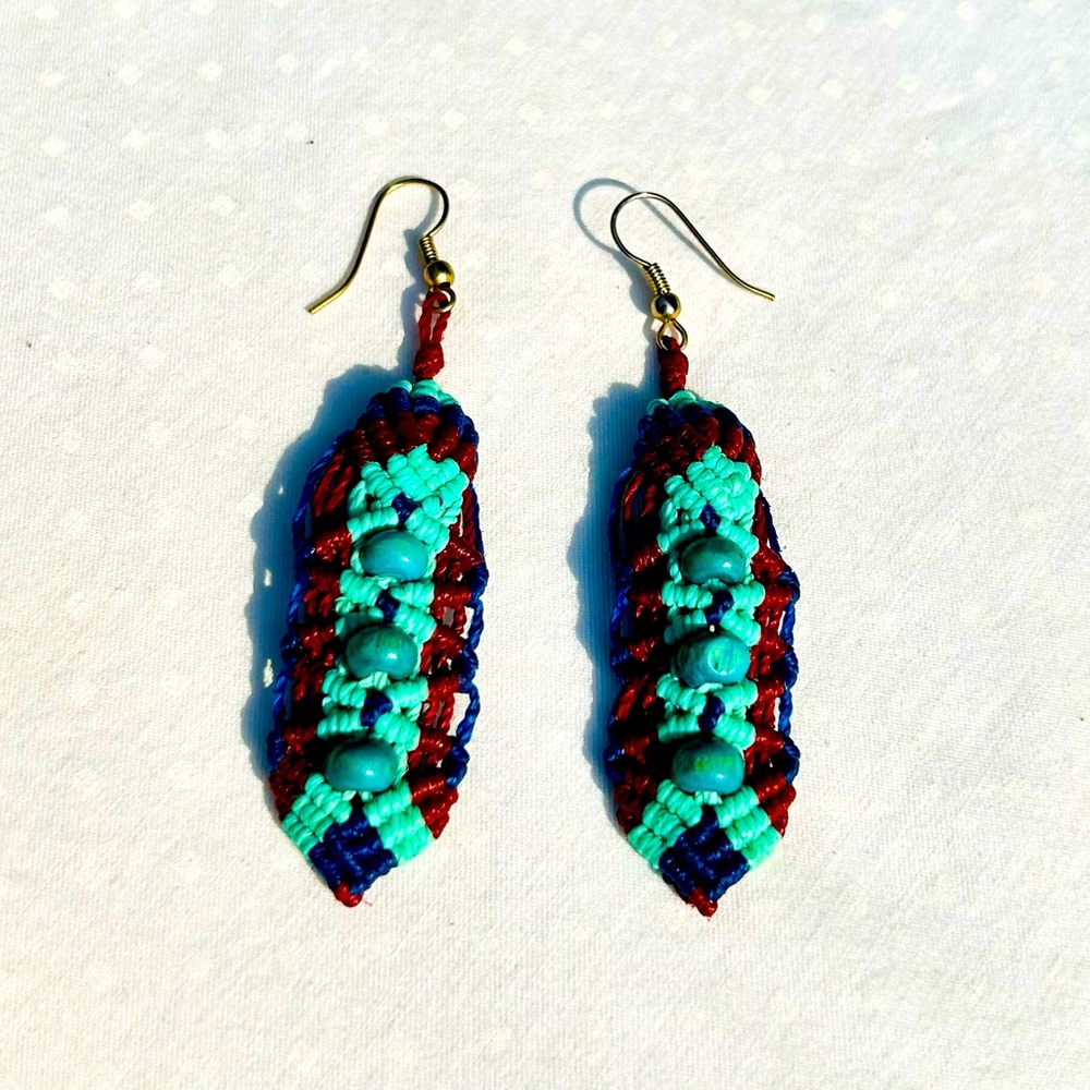 Macrame Earrings Aqua/Brown Wood Bead One Of A Kind Handcrafted in Patagonia